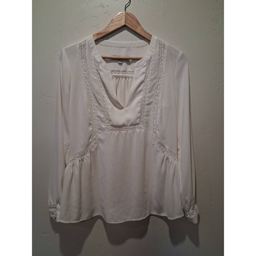 Loft Wmn's XS Ivory Long‎ Sleeve Embroidered V-Neck Blouse Boho Peasant Festival